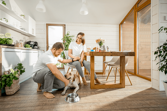 home pest control couple with dog in the kitchen